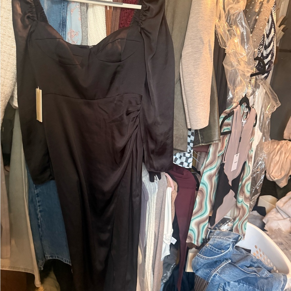 Aritzia Black Satin Ruched Midi Dress